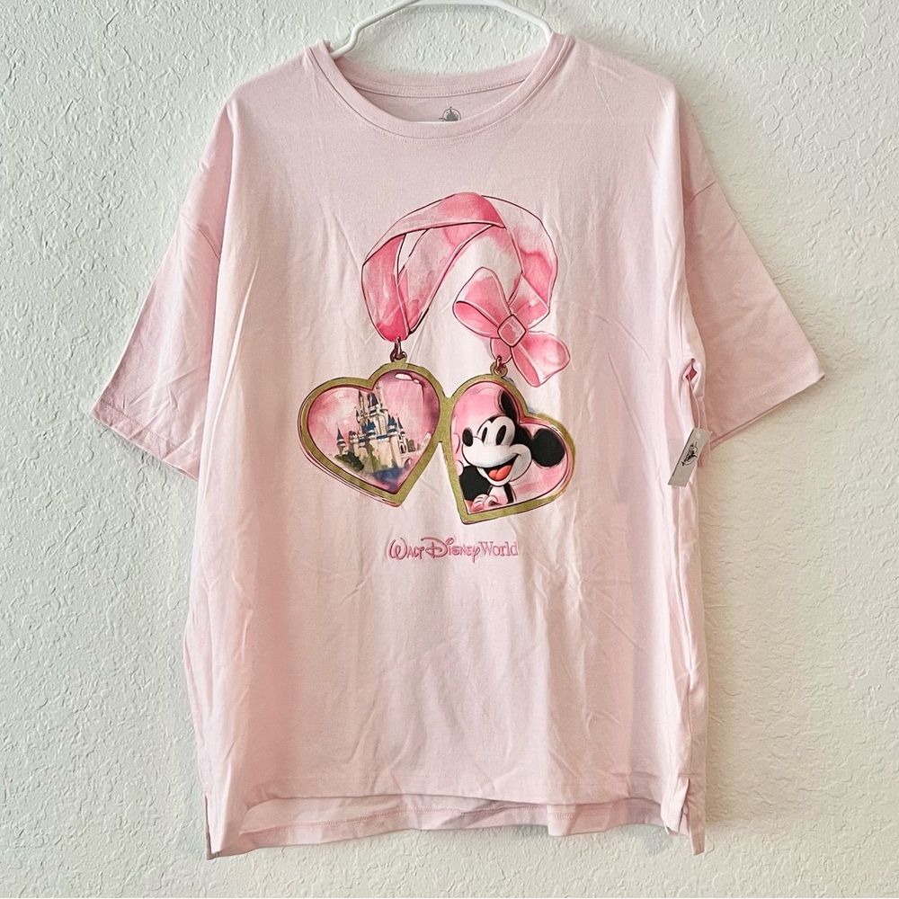 NWT Disney Parks Mickey Mouse Cinderella Castle Heart Locket Bow Pink Shirt M